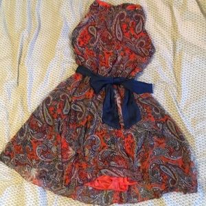 Coral red paisley dress with bow at neck & waist